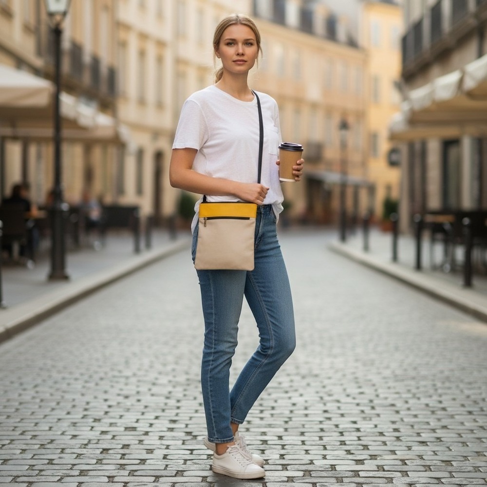 Firenze‎ Acqua di Perla Italy Leather Colorblock Crossbody Bag Yellow Blue Beige